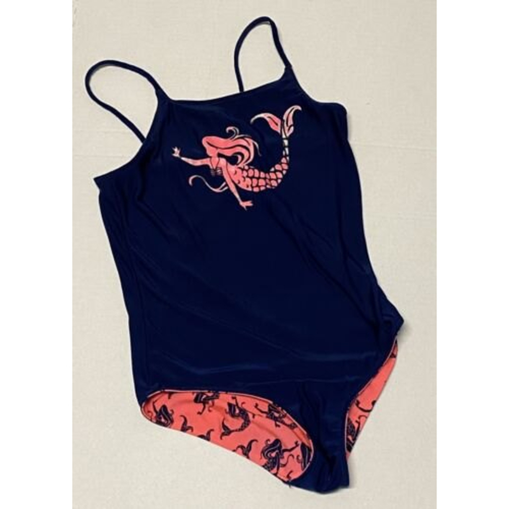 WONDER NATION GIRLS 10/12 1 PC REVERSIBLE NAVY BLUE/CORAL PINK MERMAID SWIMSUIT